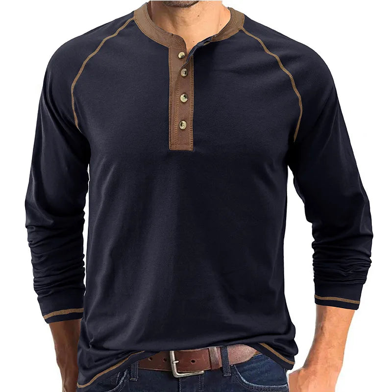 Summer  Autumn Men's American Heavy Cotton Henry Shirt  Long Sleeve Fitness Tough Guy T-Shirt Casual  T Shirt for Men Clothing