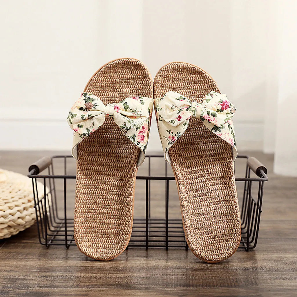 Shoes For Woman Sandalias Mujer Women Female Bowknot Flax Linen Flip Flops Beach Shoes Sandals Slipper Chaussures Femme