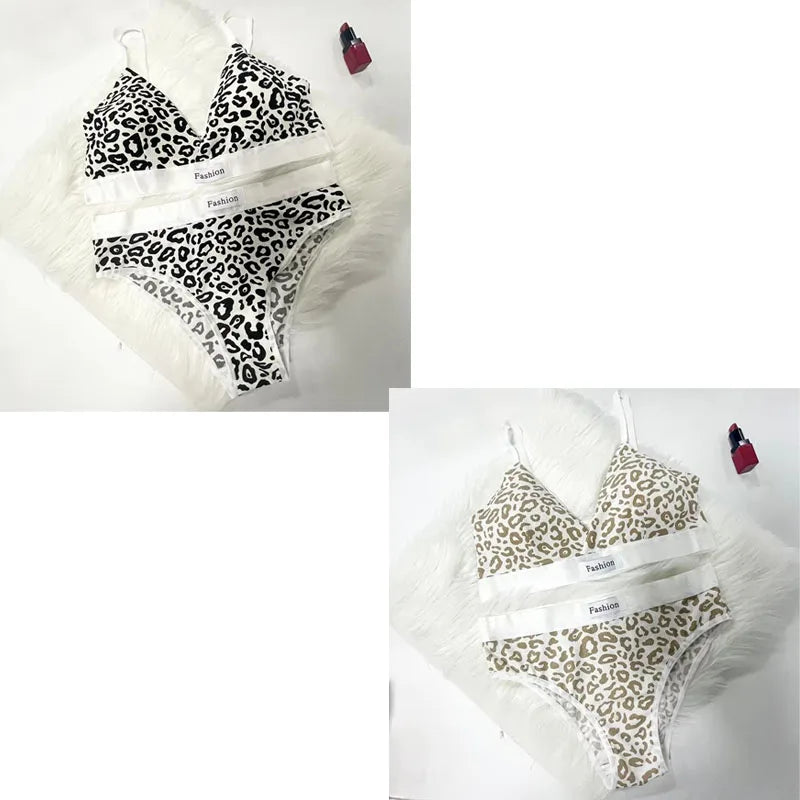 1/2/3/4Set Women Seamless Bra Set Low Waist Panties Leopard Bralette Sexy Vneck Sport Brassiere Female Cotton Underwear Set