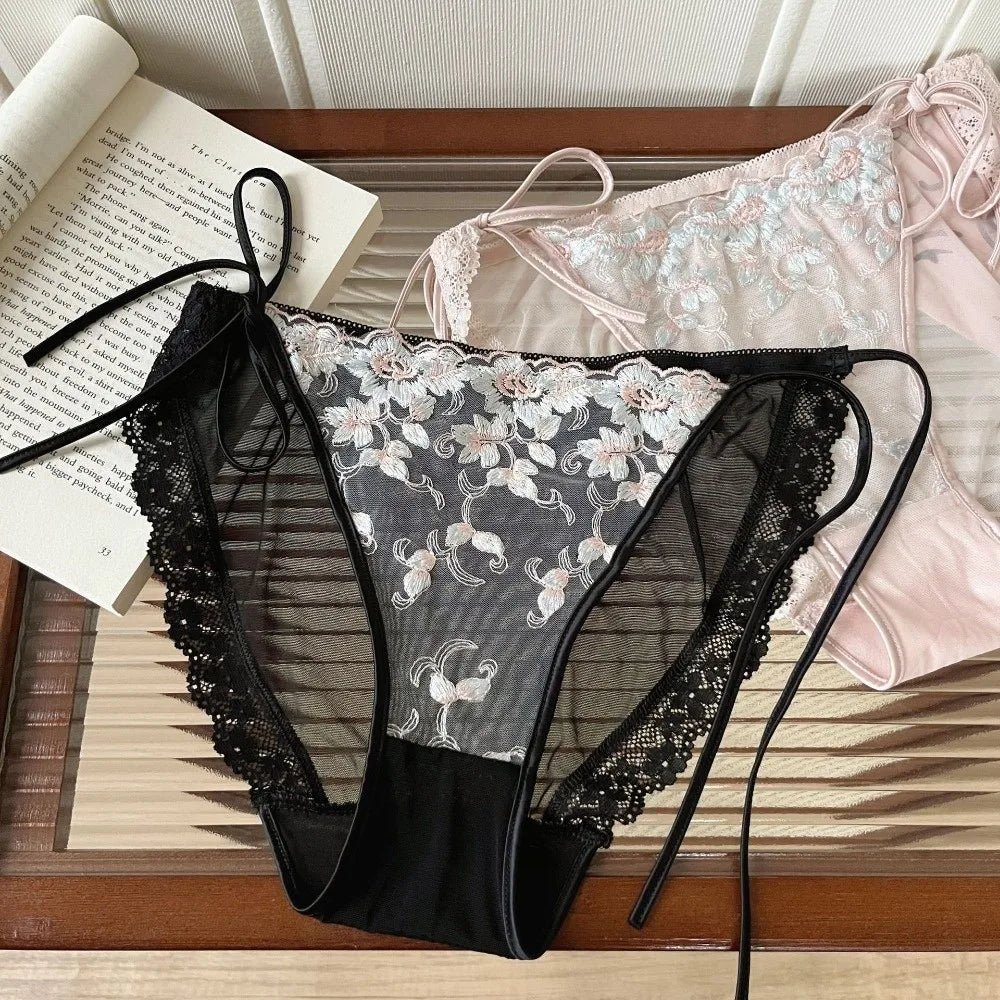 Lingerie Low Waist Embroidery Flower Panties Cotton Crotch Sweet Underwear for Women Transparent Lace-up Underwear Lady