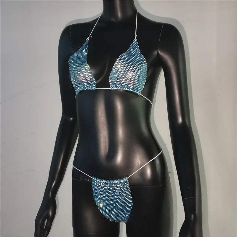 Bling Rhinestones Bra Panty Set Women Sexy Halter Bra Sexy Panty Two Piece Set Summer Beach Outfits Party Club Matching Sets