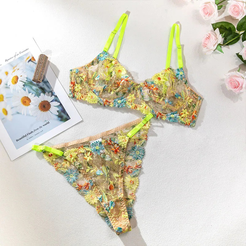 Women Bra and Briefs Sets Lace Flower Embroidery Sexy Perspective Underwire Erotic Lingerie Panty Two-Piece Underwear Set 2026