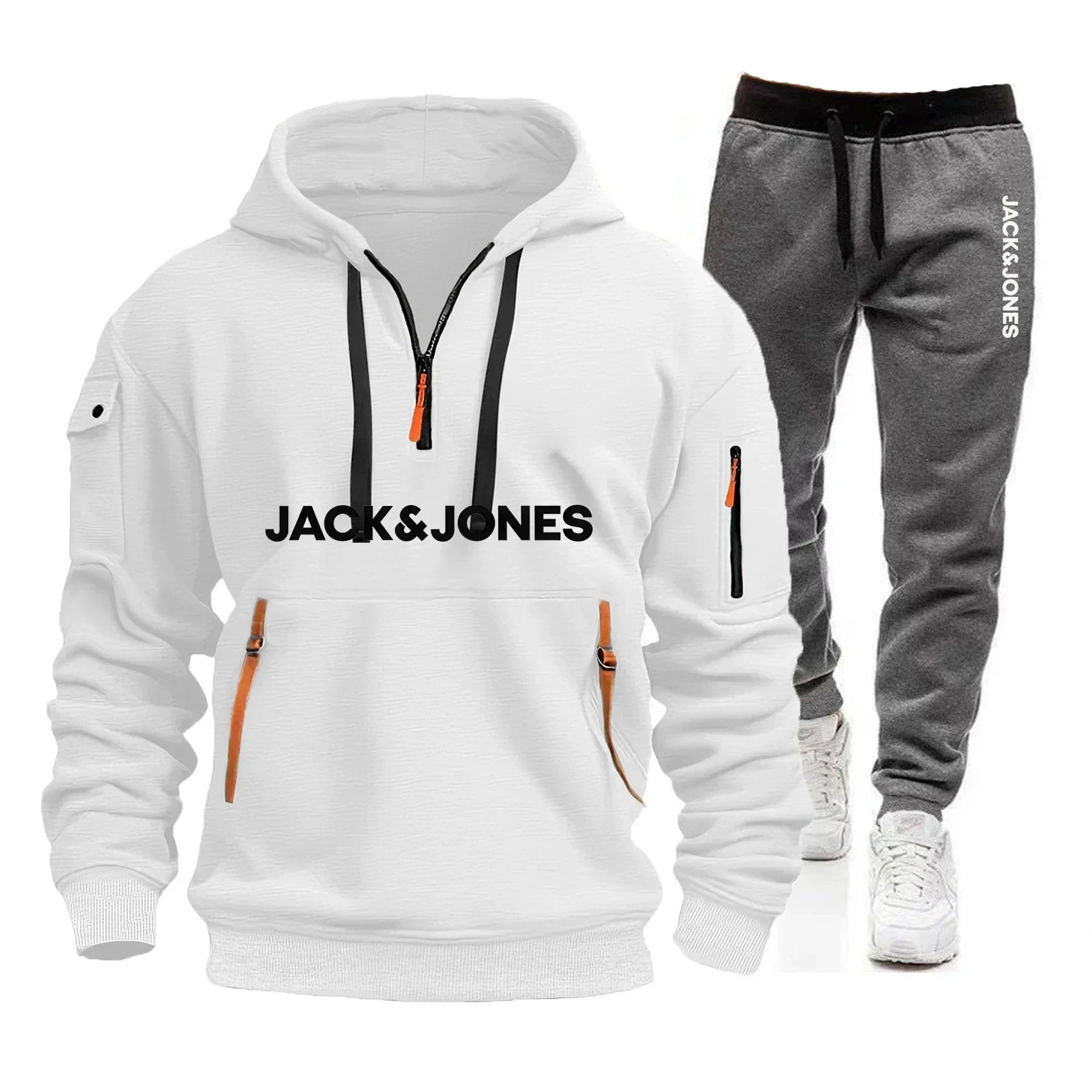 A two-piece outdoor fashion jogging and fitness set for men in autumn and winter, featuring a hooded sweatshirt and casual pants