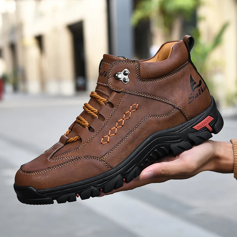 Men's High-Top Round-Toe Fashion Boots Lace-Up Outdoor Hiking Shoes Spring/Fall Thick-Sole Casual Oversized Men's Shoes