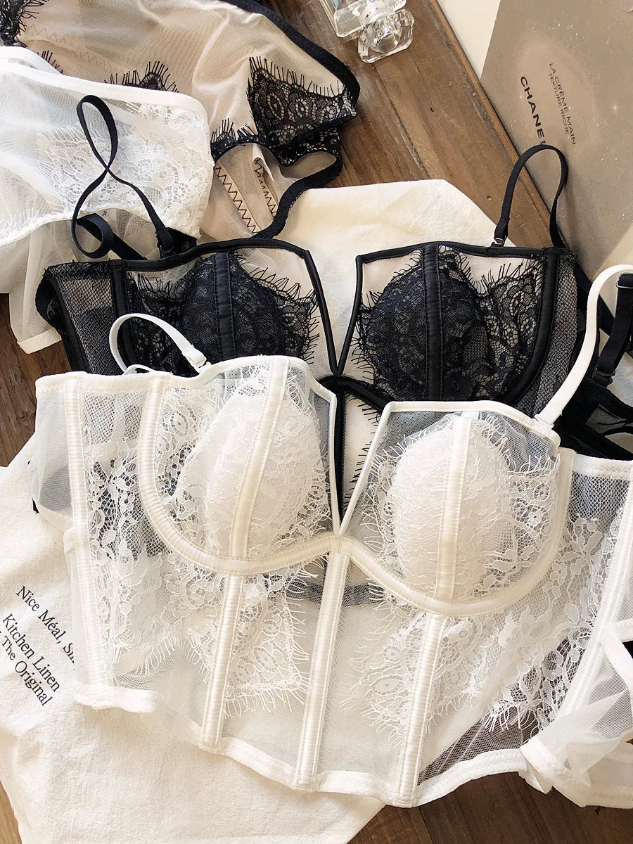 Sexy fishbone vest bra panty set eyelashes lace perspective soft steel ring anti-sagging underwear women bralette