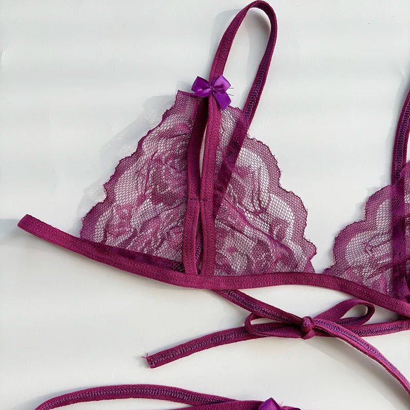 Sexy Lace-up Lingerie Set Women Hot Open Crotch Transparent Sexy Bra and Panty Sets Sex Temptation Erotic Couples Date Underwear