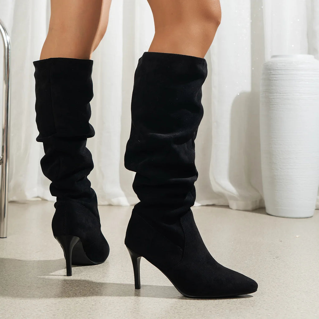 Shoes for Women Elegant Heeled Footwear Long New High Heels Autumn Winter Knee Suede Solid Color Pointed Toe Ladies Botas Mujer
