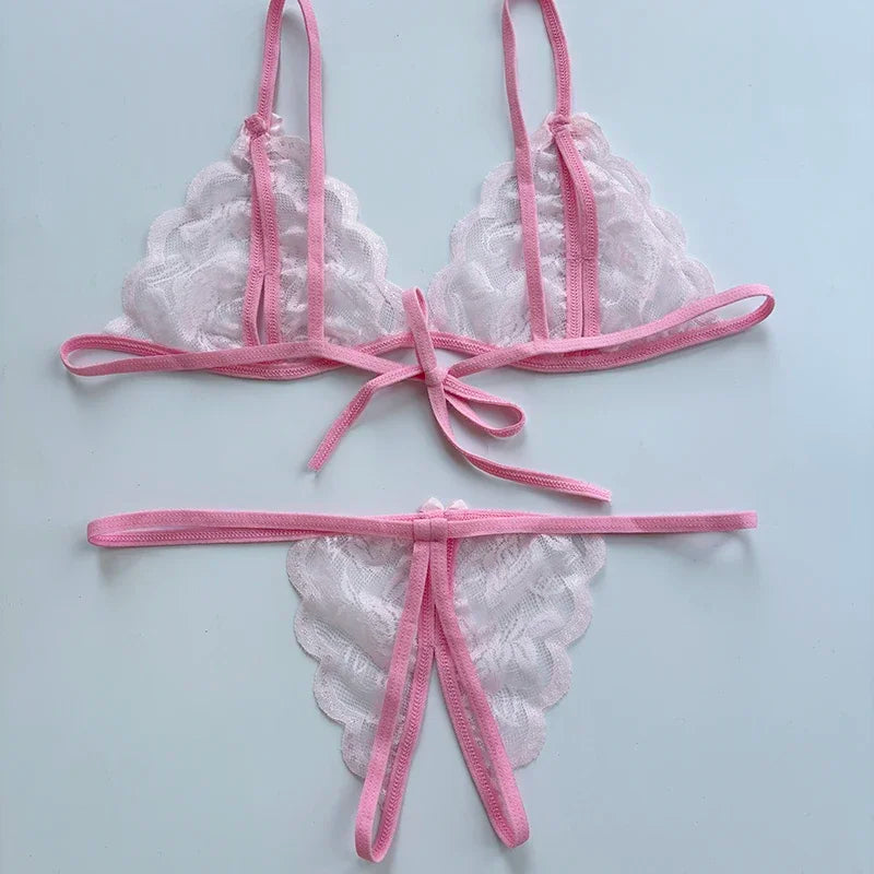 Sexy Lace-up Lingerie Set Women Hot Open Crotch Transparent Sexy Bra and Panty Sets Sex Temptation Erotic Couples Date Underwear