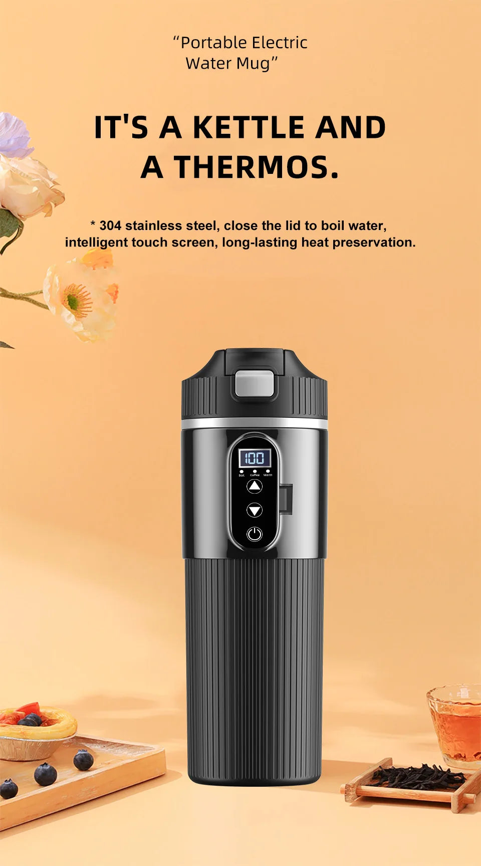 Car Thermos Cup 500ml Large Capacity 12V/24V Car Truck Universal Heating Cup Stainless Steel Car Electric Heating Cup