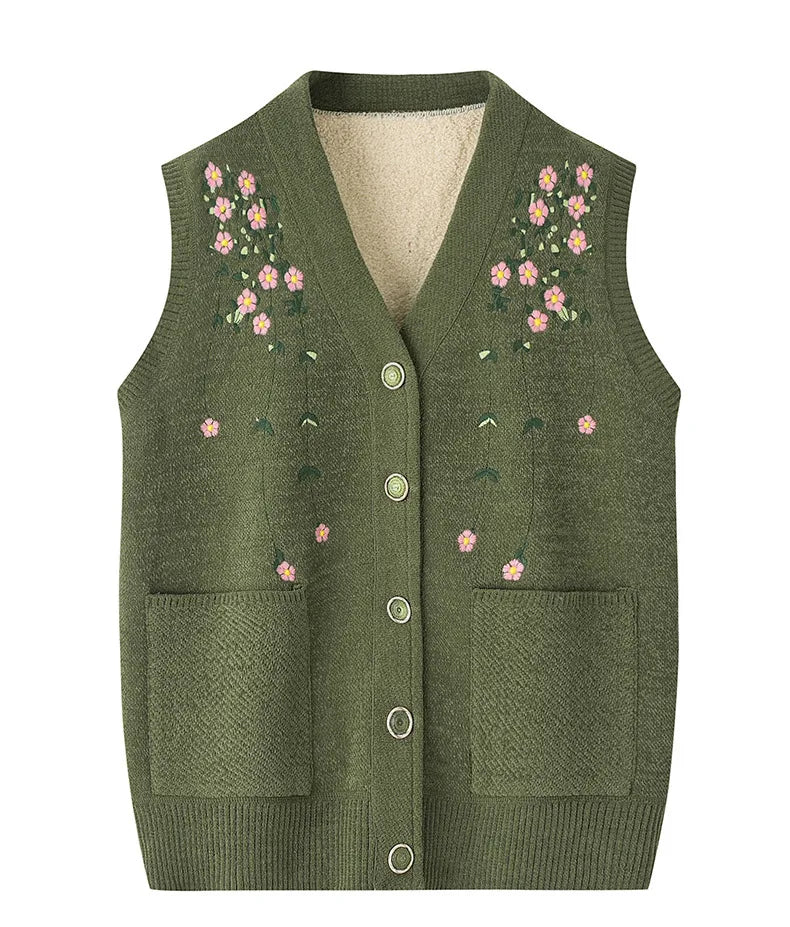 Grandma's Vest Autumn Winter Embroidered Middle Aged Mother's Outfit Cardigan Jacket Knitwears Sweater Women Wool Velvet Sueter