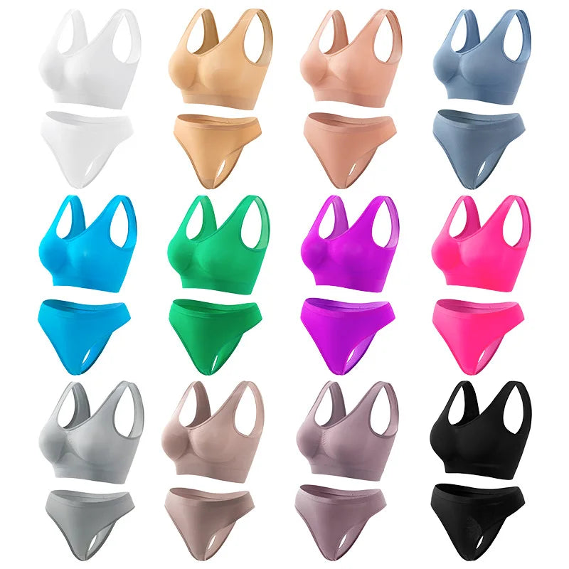 Women Everyday Bras Sets Wire Free Comfrotable Push up Bras and Thong Panties Set Two Pieces Underwear