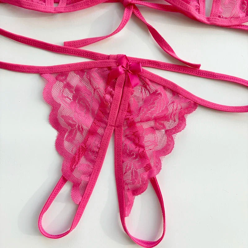 Sexy Lace-up Lingerie Set Women Hot Open Crotch Transparent Sexy Bra and Panty Sets Sex Temptation Erotic Couples Date Underwear