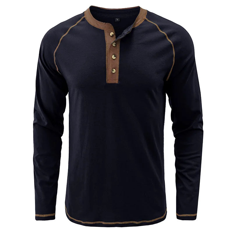 Summer  Autumn Men's American Heavy Cotton Henry Shirt  Long Sleeve Fitness Tough Guy T-Shirt Casual  T Shirt for Men Clothing