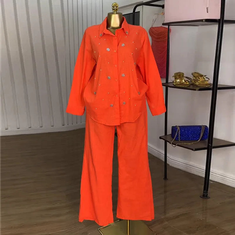 Pant Set Women Two Piece Sets Beaded Turn Down Collar Full Sleeve Shirt Single Breasted Wide Leg Long Pants Elastic Waist 2026