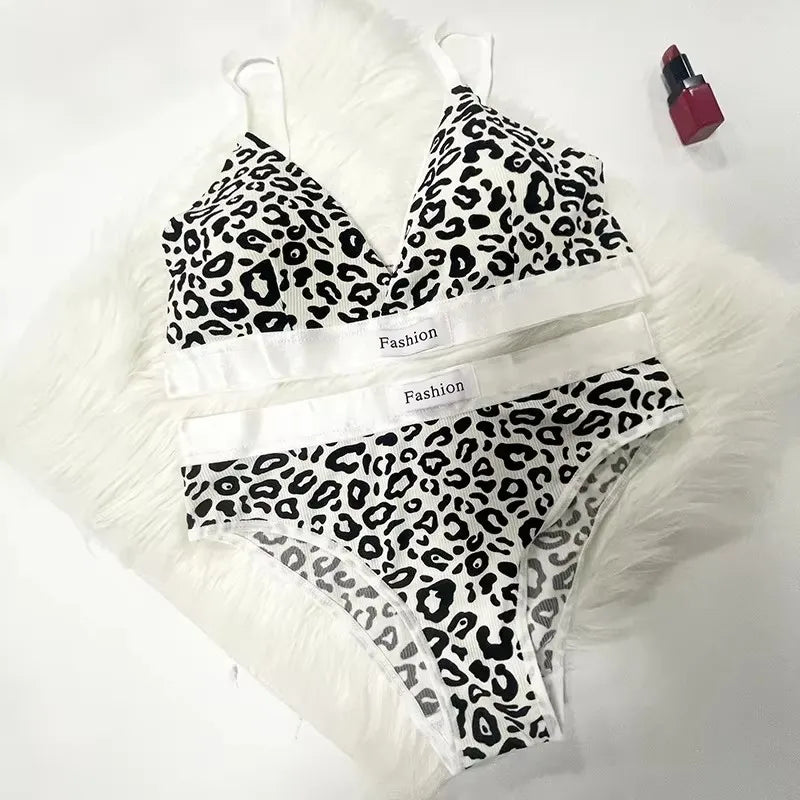 1/2/3/4Set Women Seamless Bra Set Low Waist Panties Leopard Bralette Sexy Vneck Sport Brassiere Female Cotton Underwear Set
