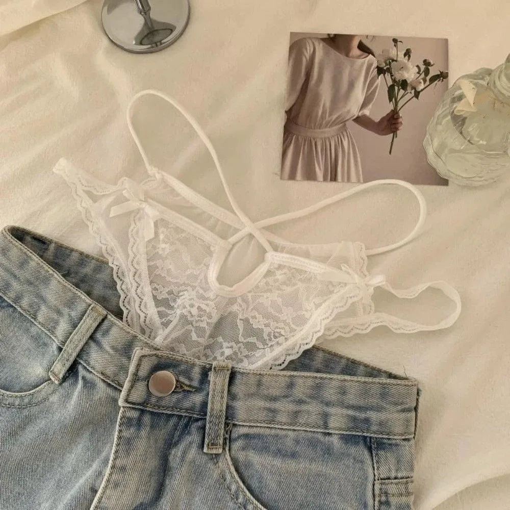 Lingerie Bow Lace Flower Panties Transparent Hollow Lace Mesh Briefs Low Waist Thin Strap Women Underwear Girl