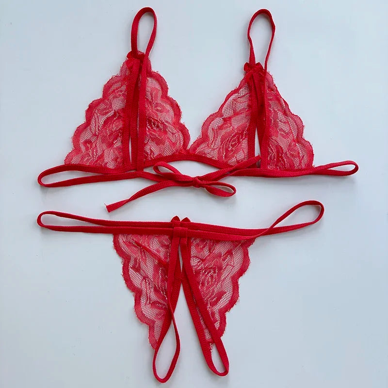 Sexy Lace-up Lingerie Set Women Hot Open Crotch Transparent Sexy Bra and Panty Sets Sex Temptation Erotic Couples Date Underwear