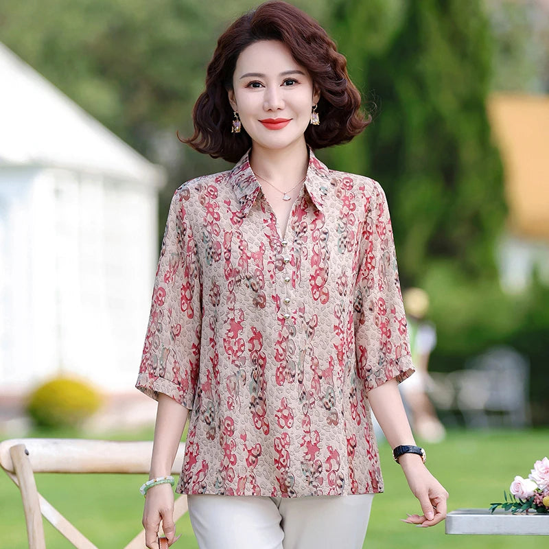 Summer Plus Size Shirt For Women's 2025 Printed Loose Top Mulberry Silk Blended Vacation Work Women's Clothing
