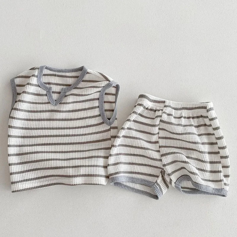 Summer baby clothes 0-5T solid color boys striped sleeveless T-shirt shorts set breathable girls vest short sleeved shorts set