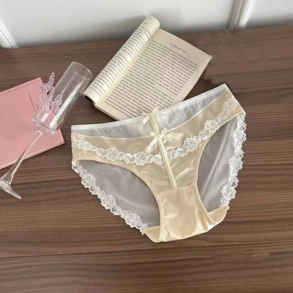 Lingerie Bow Lace Flower Panties Seamless Transparent Underwear for Women Patchwork Mid Waist Mesh Lace Briefs Girl
