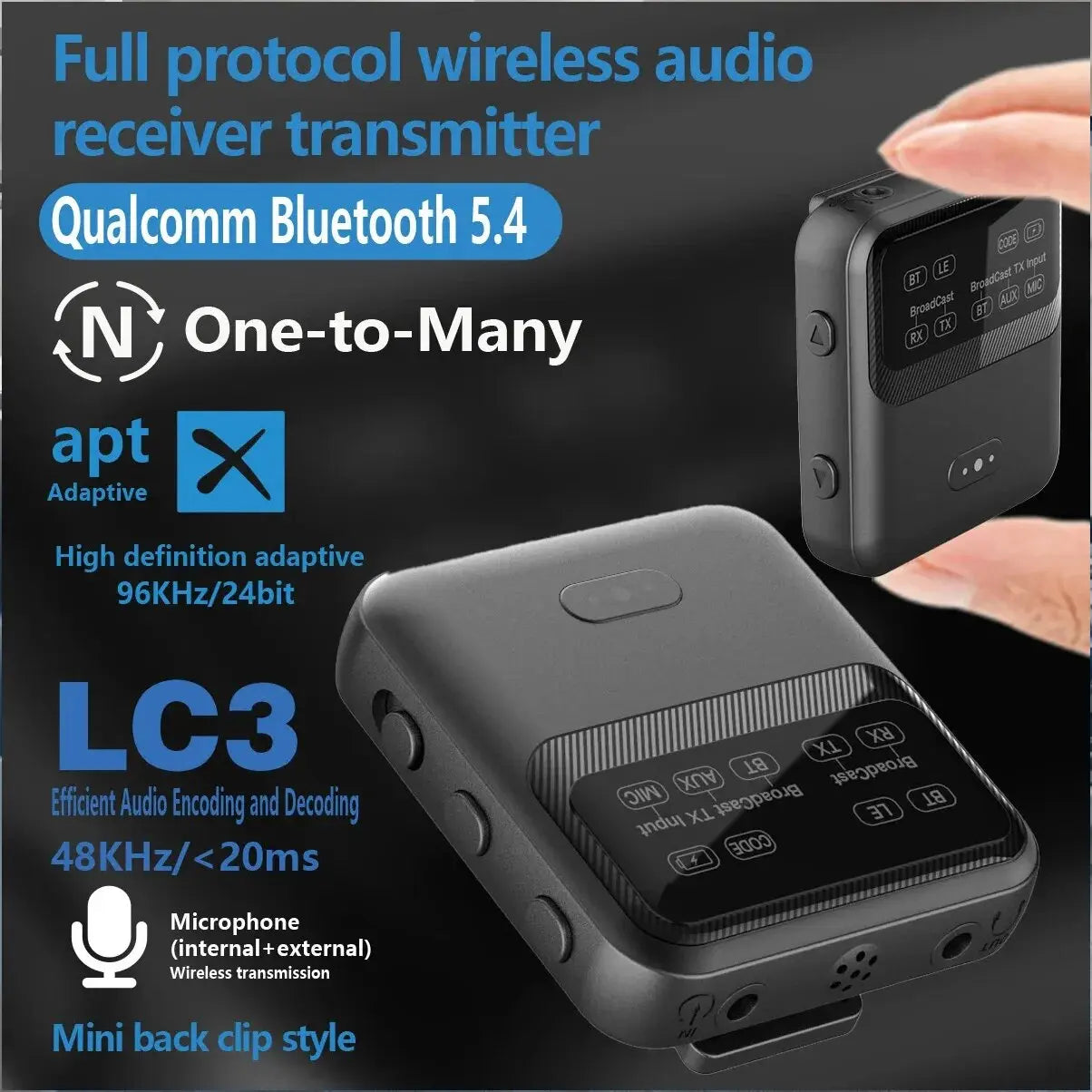 Bluetooth 5.4 Audio Transceiver LE Audio, Broadcast 1TX To 100+ RX Devices Sharing, Clip-On Design AAC/aptX-AD/LC3,USB/AUX/MIC