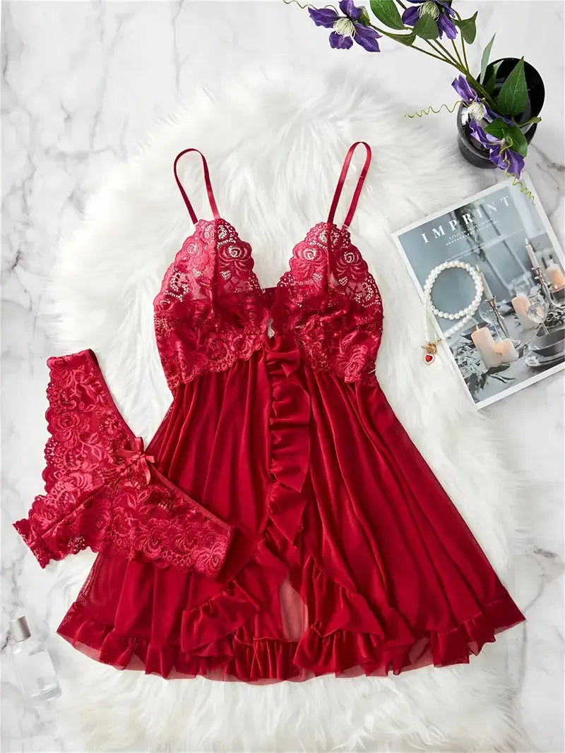 Red Sexy Lingerie Erotic Underwear Sets Transparent Porno Lace Bra And Panty Set Lingerie women Hot Sleepwear Babydoll Dress