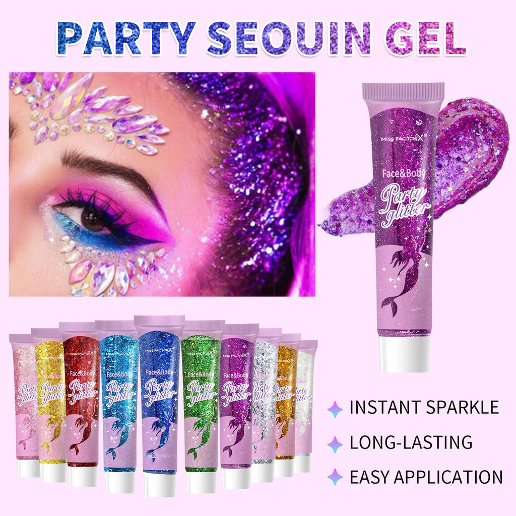 10 piece body glitter gel, carnival face glitter cosmetics suitable for women, shiny thick hair glitter, carnival accessories fo