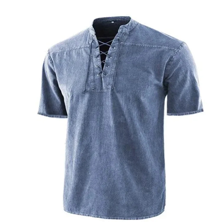 Summer T Shirt Men Stand Collar Front Lace Up Short Sleeve V Neck Slim T Shirt Streetwear for Daily Wear Casual Tops Tees S-5XL