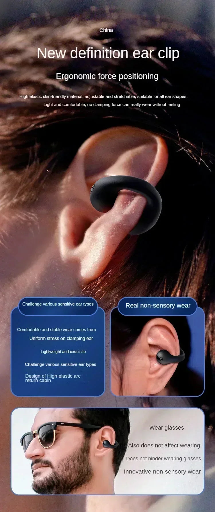 Bluetooth 5.3 Wireless Bone Conduction Headphones Clip Ear Music Noise Canceling Headset HD Call Sports Gaming Earphone