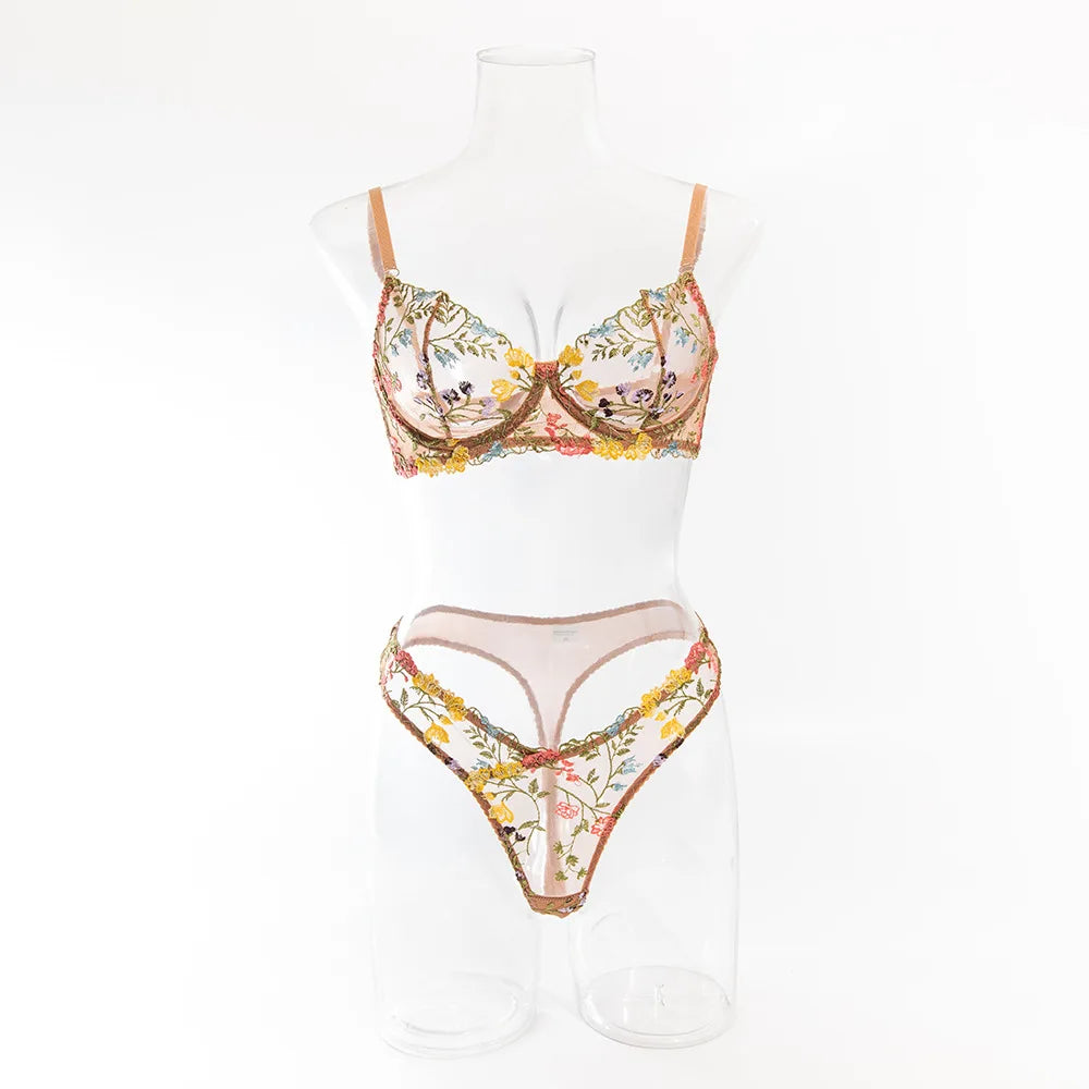 Bra Set Floral two-piece set with perspective Women sets underwear without censorship Fantasy clothing sexy lingere outfit xxx
