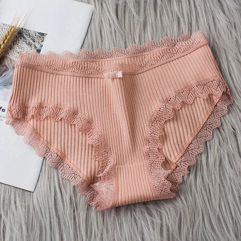 Lingerie Underwear Women Bow New Lace Panties Briefs Low Waist Solid Color Middle-Waisted Underpants Female Lingerie Briefs