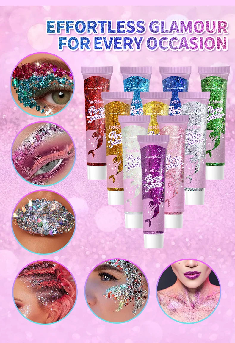 10 piece body glitter gel, carnival face glitter cosmetics suitable for women, shiny thick hair glitter, carnival accessories fo