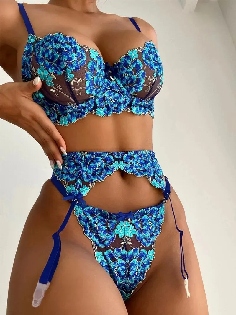 Fashion Sexy Spaghetti Strap Bra and Panty Set Women's Three Point Hollow Lace Garter Belt Fun Set Womens Fun Underwear Bra Set