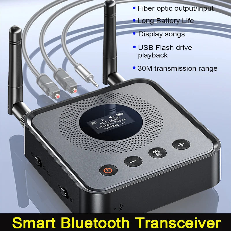 Bluetooth 6.0/5.2 Audio Receiver Transmitter with OLCD Digital Display USB Flash Drive & Wireless Music Playback Optical Output