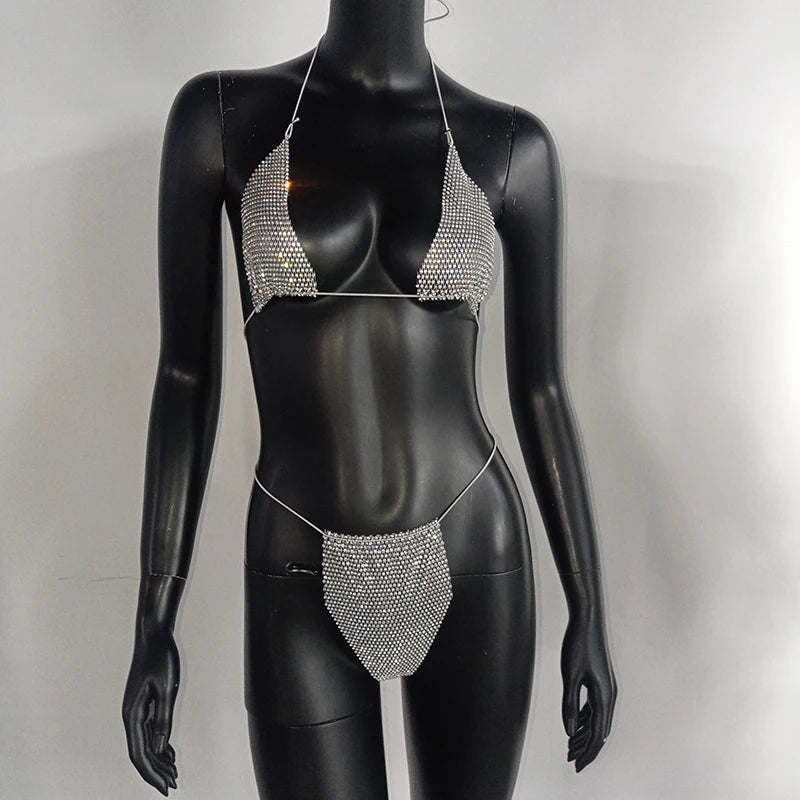 Bling Rhinestones Bra Panty Set Women Sexy Halter Bra Sexy Panty Two Piece Set Summer Beach Outfits Party Club Matching Sets