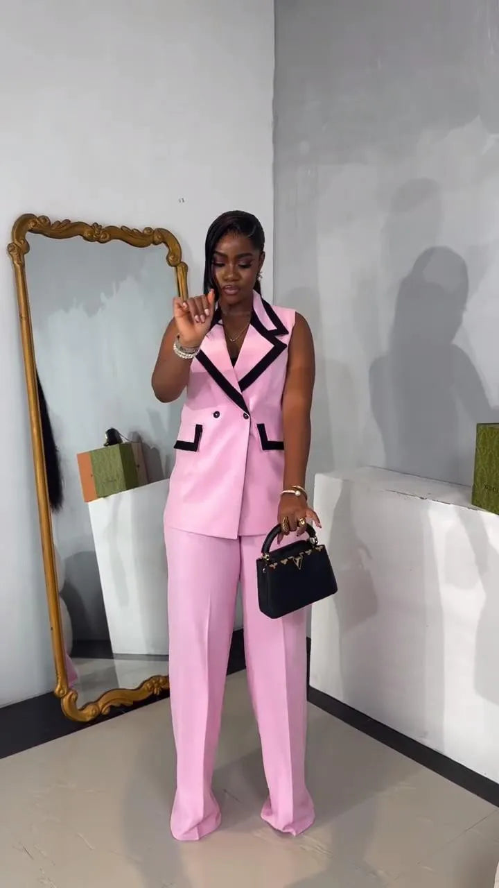 Pants Set Women Two Piece Sets Matching Sets Work Elegant Double Breasted Tops Vest Wide Leg Long Pants High Waist Y2k Pink