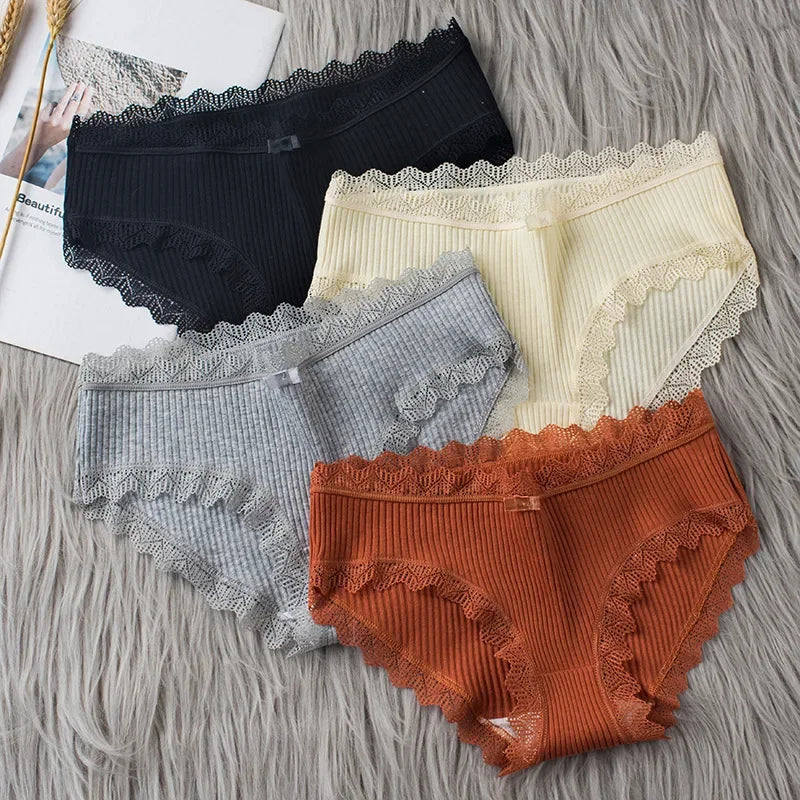 Lingerie Underwear Women Bow New Lace Panties Briefs Low Waist Solid Color Middle-Waisted Underpants Female Lingerie Briefs