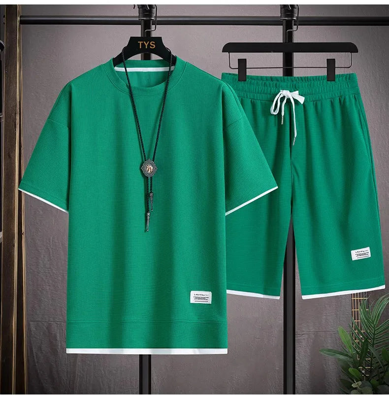 2025 Men's Sports Set Casual T-shirt and Shorts Loose and Comfortable Summer Waffle Set Jogging Set