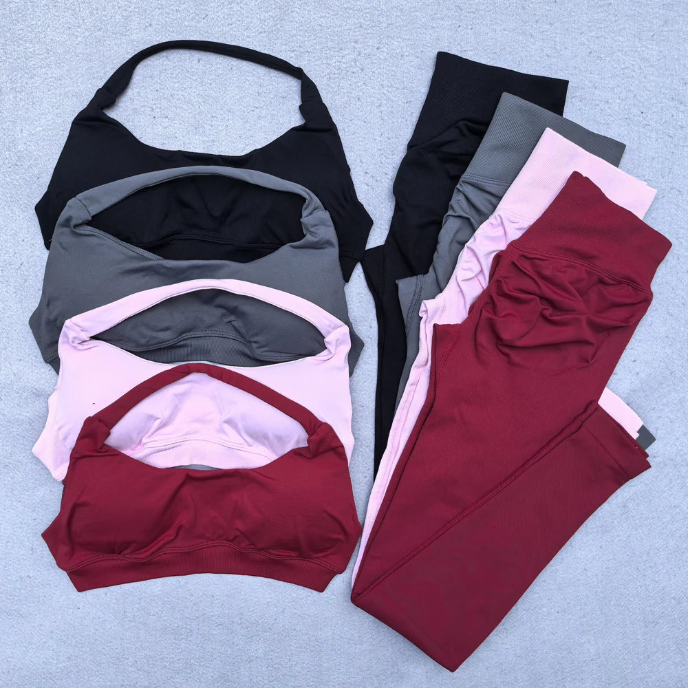 2 Pieces Yoga Set Women Seamless Scrunch Leggings Set Halter Sports Bra Fitness Gym Set Workout Clothes Sportswear