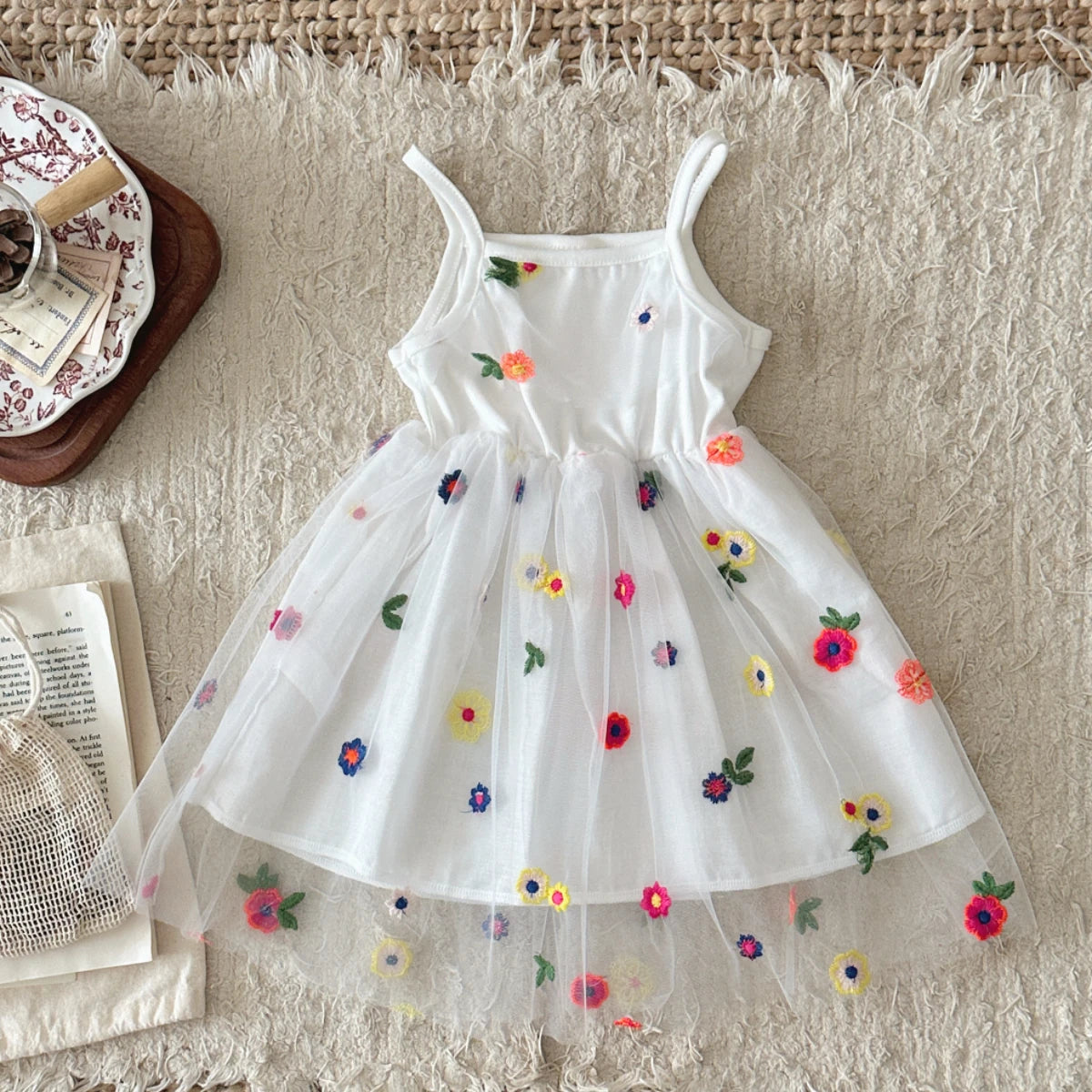 Summer Baby Girls  White Embroidered  Tie Back Suspender Dress Kids Sweet dress Children Outfit Skirt 6Month-3Y