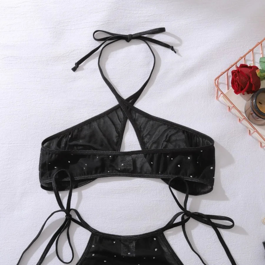 Lingeries Sexy Hot Women Black Cross Halter Hollow Bra Brief Skirt Starry Transparent Underwear Set 3 Piece Erotic Lingerie Sets