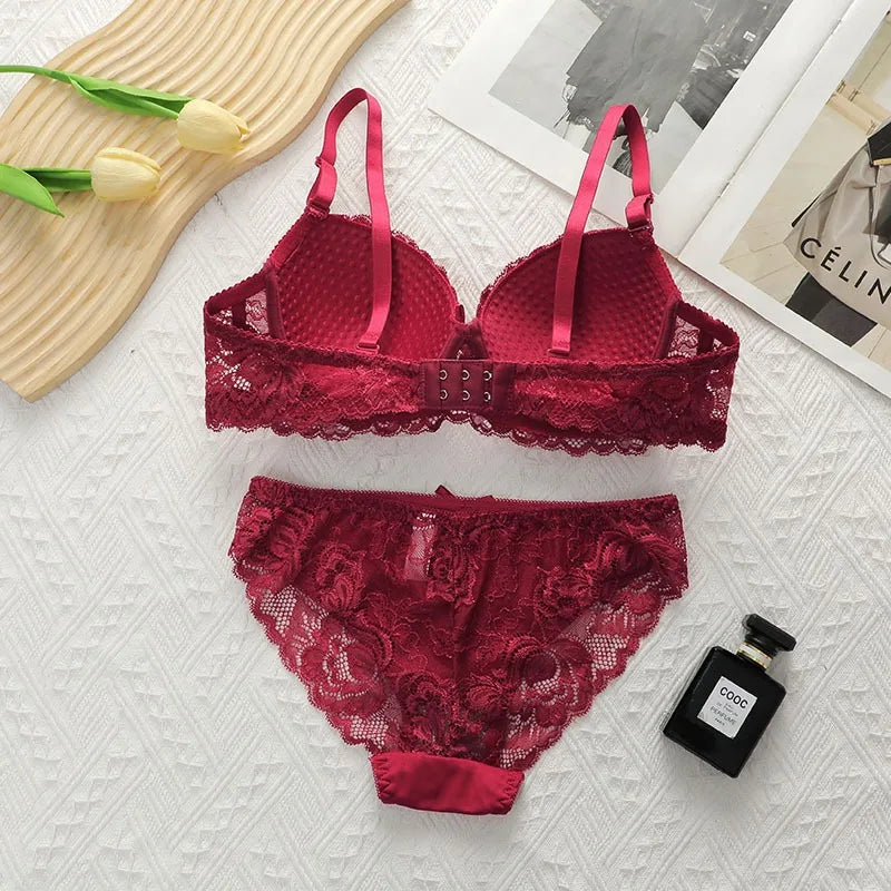 2Pieces Bras and Panty Sets Sexy Lace Transparent Floral Clothing Underwire Push Up Lingeries For Woman