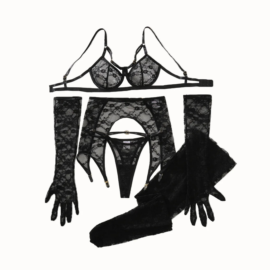 Lingerie Set 5 Piece for Women Elegant Lace Underwear Sheer See Through Thong Shaping Bodysuit with Stockings
