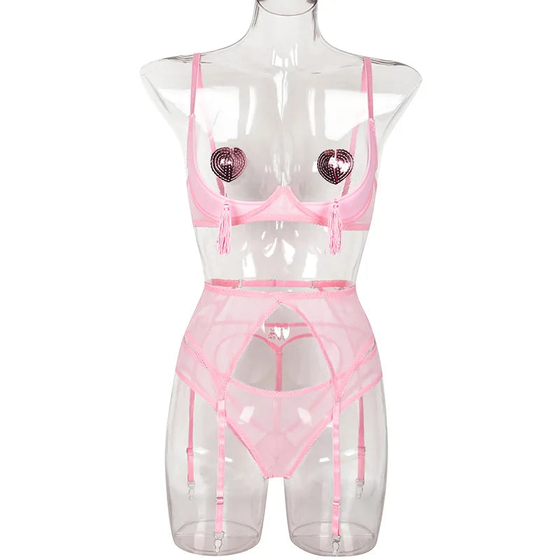 Bra Set Breast revealing deep V-shaped binding strap tassel hollow out sexy lingerie sexy set diamond girl bra and panties sets