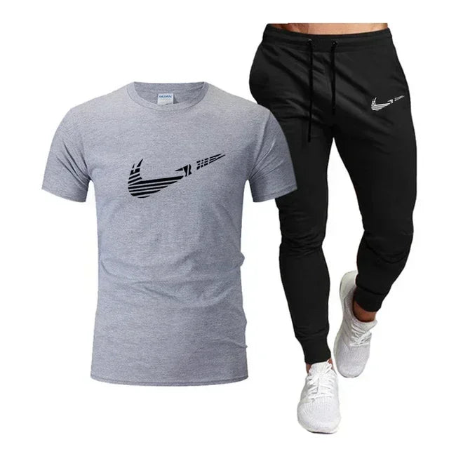 Summer Sports Men's Jogging Pure cotton T-shirt + thin long Pants 2-piece breathable and quick-drying set