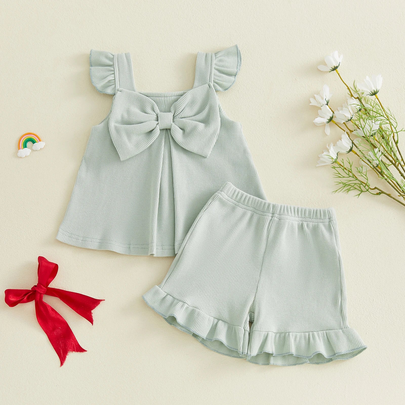 Summer Kids Girls Outfits Solid Color Flying Sleeve Tops Shorts Casual Clothes Set