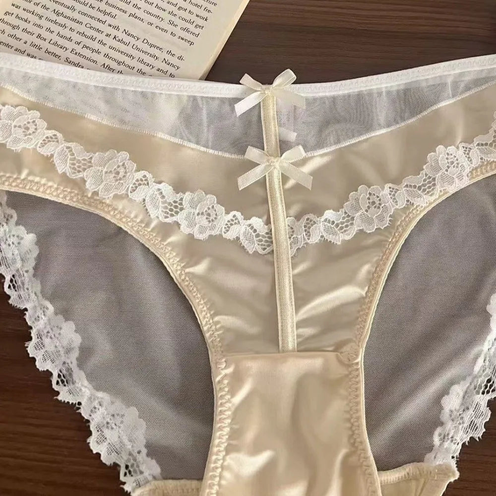 Lingerie Bow Lace Flower Panties Seamless Transparent Underwear for Women Patchwork Mid Waist Mesh Lace Briefs Girl