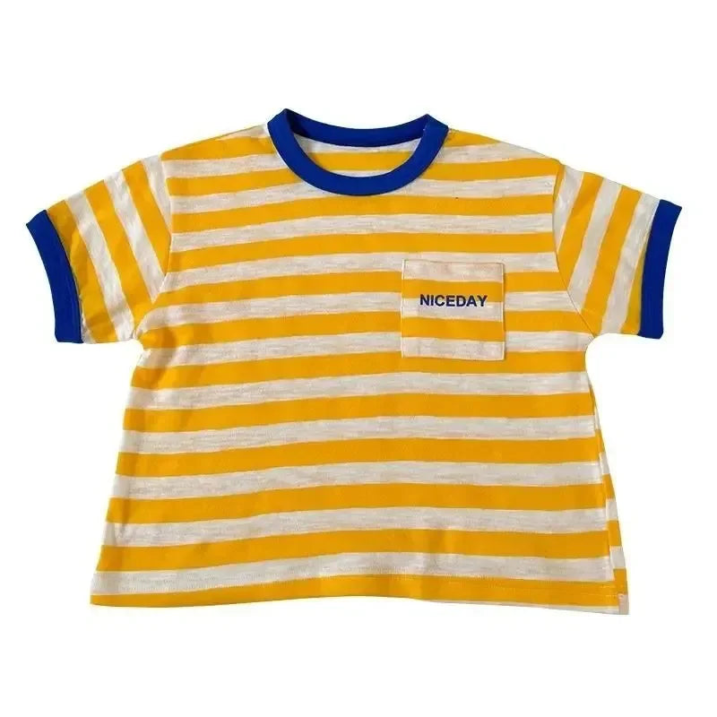 Summer 2025 Children Boy Short Sleeve T-shirt Cotton Round Collar Stripe Letter Infant Babys Boys Tops Loose Cotrast Kid Boy Tee