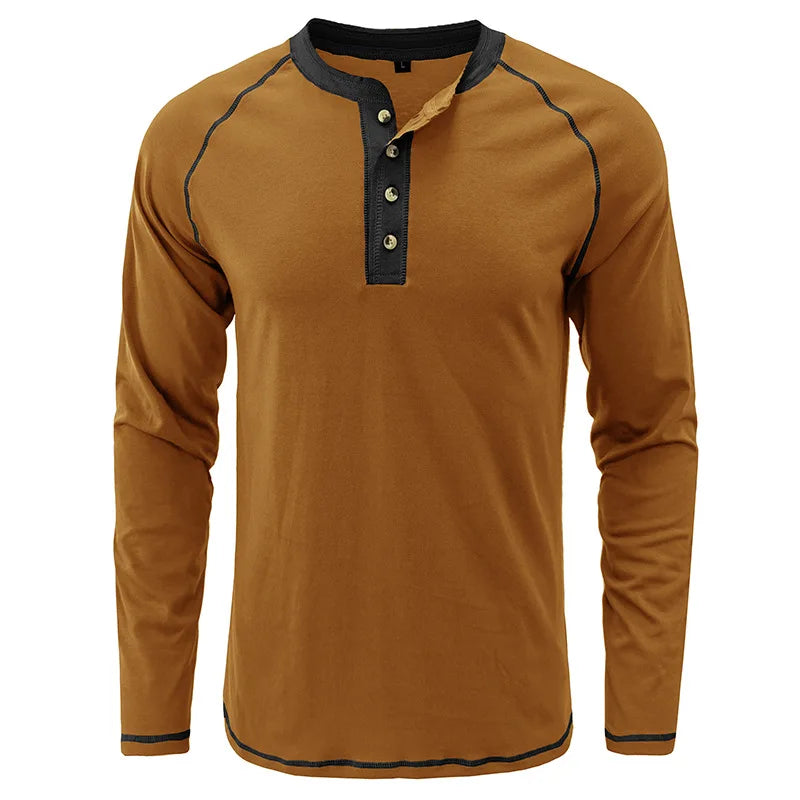 Summer  Autumn Men's American Heavy Cotton Henry Shirt  Long Sleeve Fitness Tough Guy T-Shirt Casual  T Shirt for Men Clothing