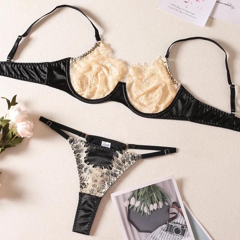 Women Bra and Briefs Sets Lace Flower Embroidery Sexy Perspective Underwire Erotic Lingerie Panty Two-Piece Underwear Set 2026
